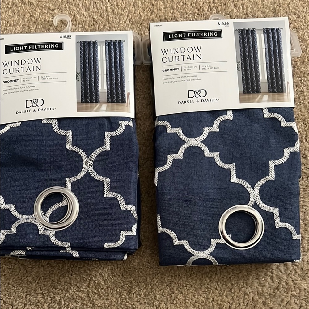 2-Panels,BlueWindow Curtain with Embroidered Pattern